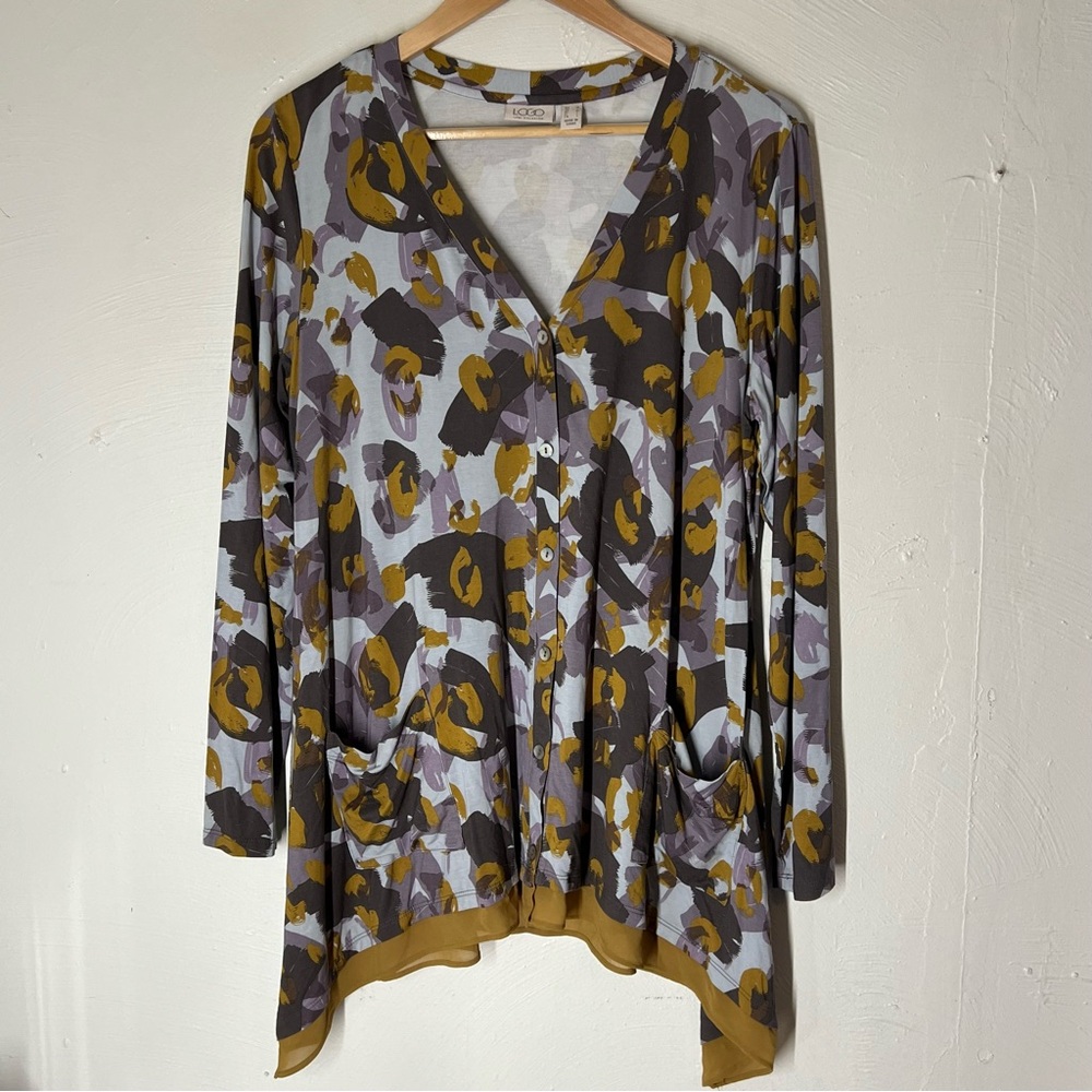 LOGO by Lori Goldstein Print Button Lightweight Cardigan Pockets Women Medium